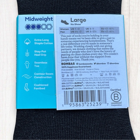 Bombas Mid-Cut No Show Socks Black Large Supima Cotton Cushioned Footbed NWT - Picture 3 of 4
